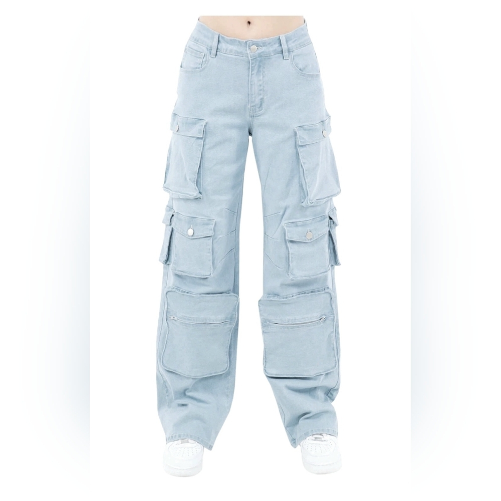 American Bazi Light Wash Cargo Jeans Wide Leg Distressed Baggy Y2K Size M